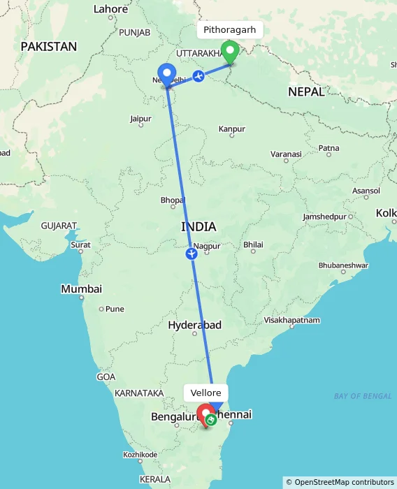 Route map showing distance and travel time from Pithoragarh, India to Vellore, India