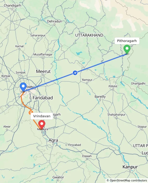 Route map showing distance and travel time from Pithoragarh, India to Vrindavan, India