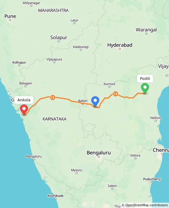 Route map showing distance and travel time from Podili, India to Ankola, India