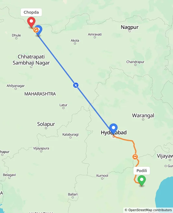 Route map showing distance and travel time from Podili, India to Chopda, India