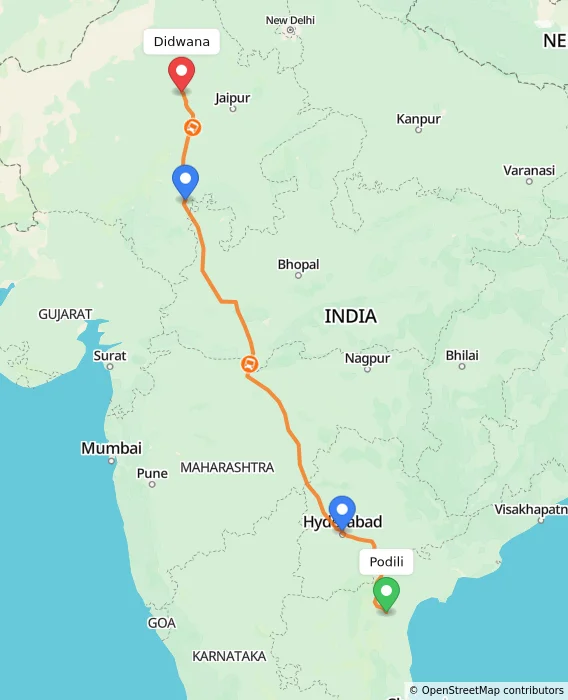 Route map showing distance and travel time from Podili, India to Didwana, India