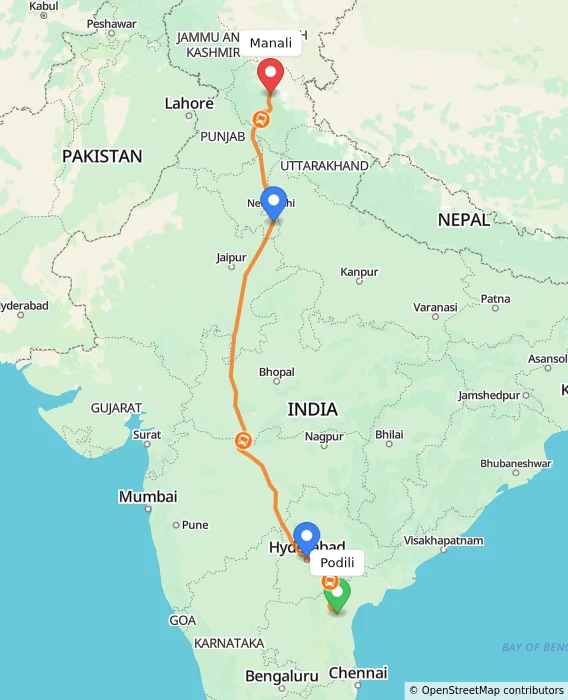 Route map showing distance and travel time from Podili, India to Manali, India