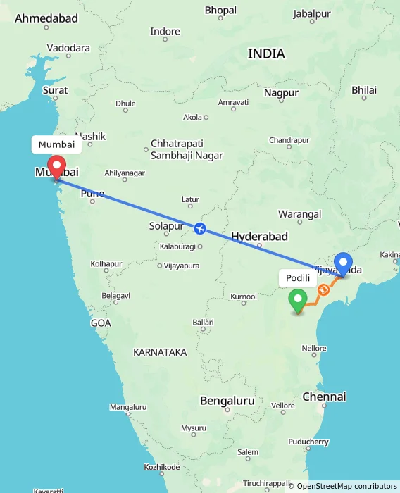 Route map showing distance and travel time from Podili, India to Mumbai, India