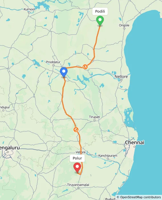 Route map showing distance and travel time from Podili, India to Polur, India