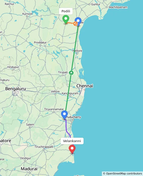 Route map showing distance and travel time from Podili, India to Velankanni, India