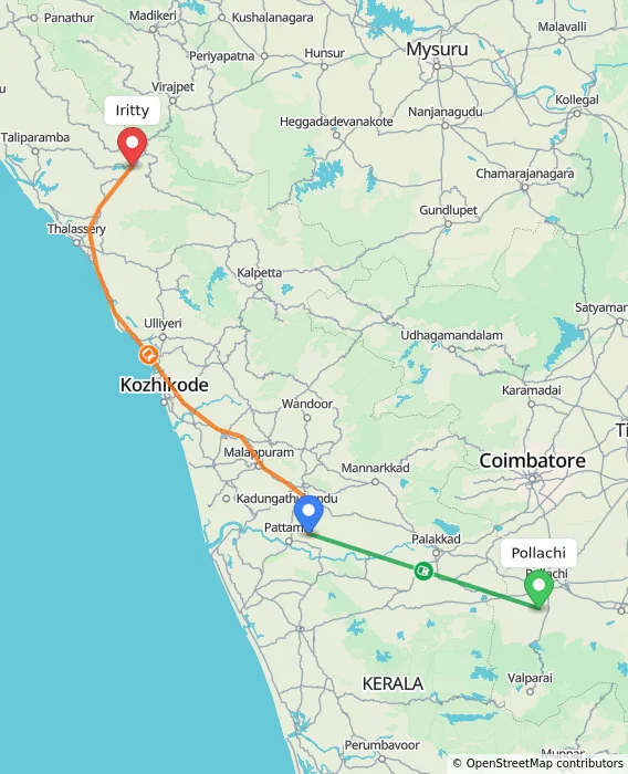 Route map showing distance and travel time from Pollachi, India to Iritty, India