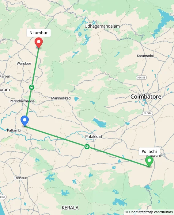 Route map showing distance and travel time from Pollachi, India to Nilambur, India