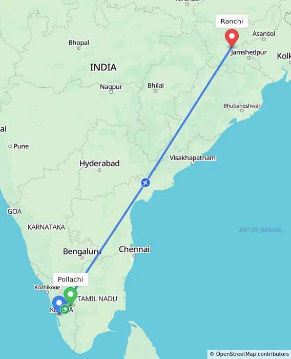 Route map showing distance and travel time from Pollachi, India to Ranchi, India