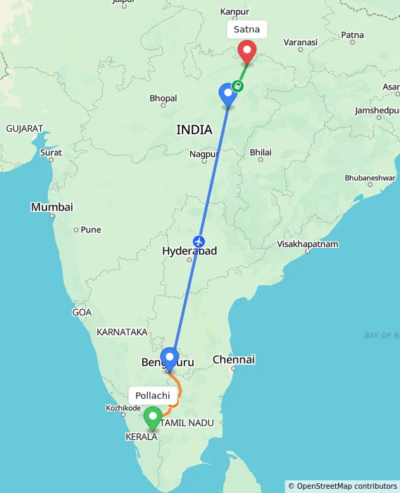 Route map showing distance and travel time from Pollachi, India to Satna, India