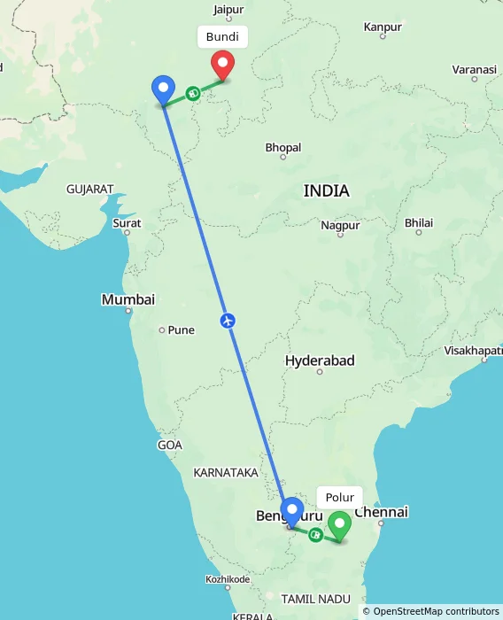 Route map showing distance and travel time from Polur, India to Bundi, India