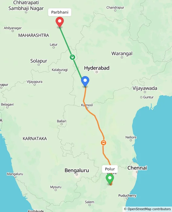 Route map showing distance and travel time from Polur, India to Parbhani, India