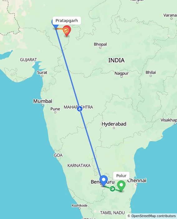 Route map showing distance and travel time from Polur, India to Pratapgarh, India