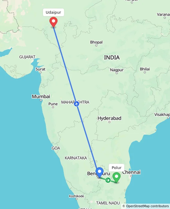 Route map showing distance and travel time from Polur, India to Udaipur, India
