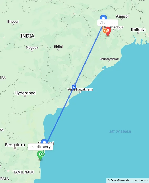 Route map showing distance and travel time from Pondicherry, India to Chaibasa, India