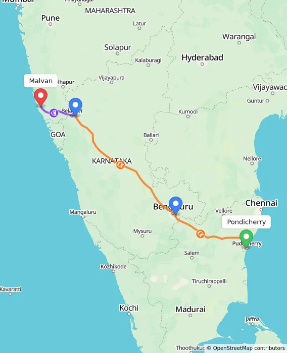 Route map showing distance and travel time from Pondicherry, India to Malvan, India