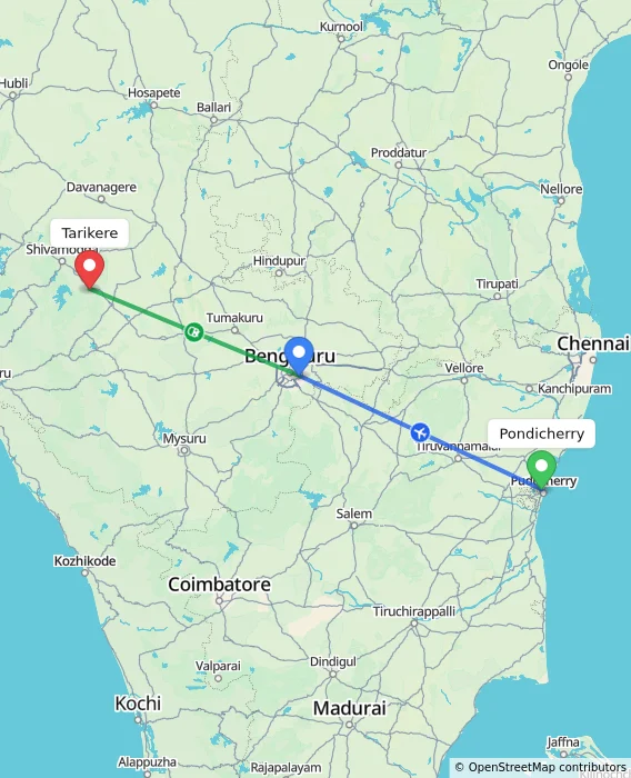 Route map showing distance and travel time from Pondicherry, India to Tarikere, India