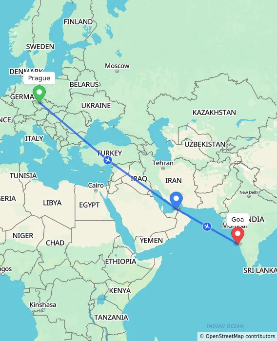 Route map showing distance and travel time from Prague, Czechia to Goa, India