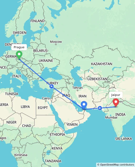 Route map showing distance and travel time from Prague, Czechia to Jaipur, India