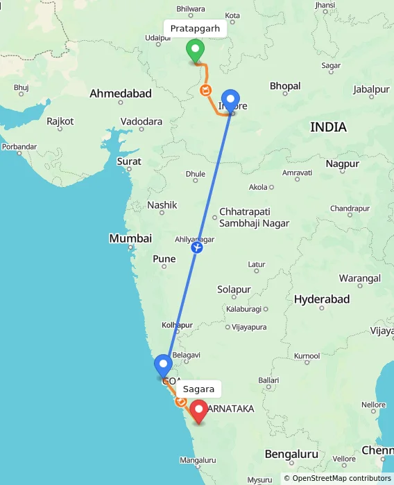 Route map showing distance and travel time from Pratapgarh, India to Sagara, India
