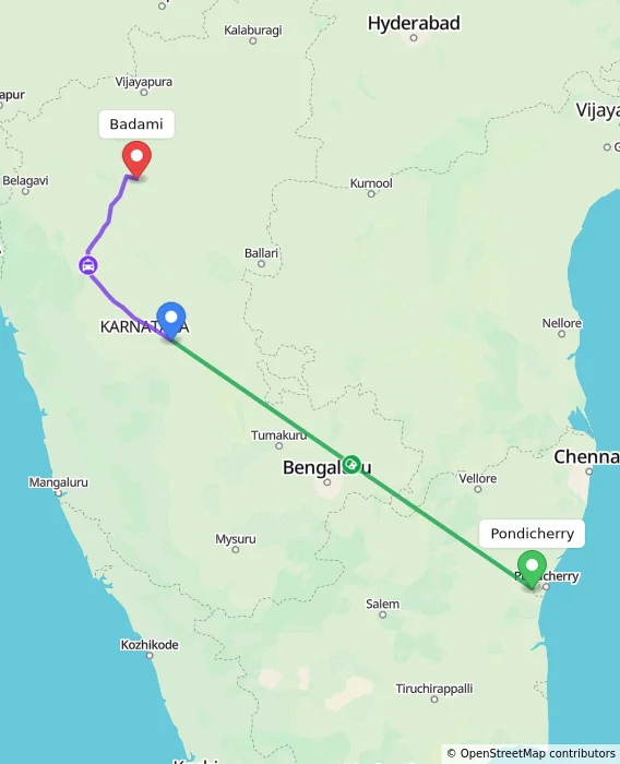 Route map showing distance and travel time from Puducherry, India to Badami, India