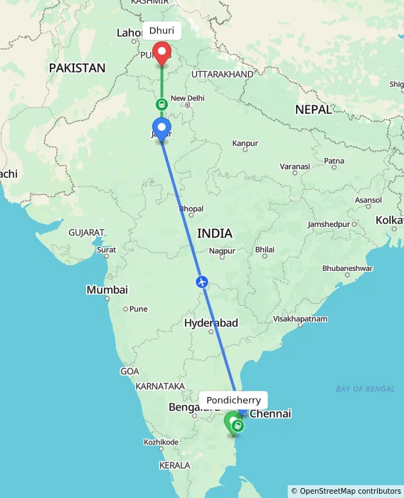 Route map showing distance and travel time from Puducherry, India to Dhuri, India