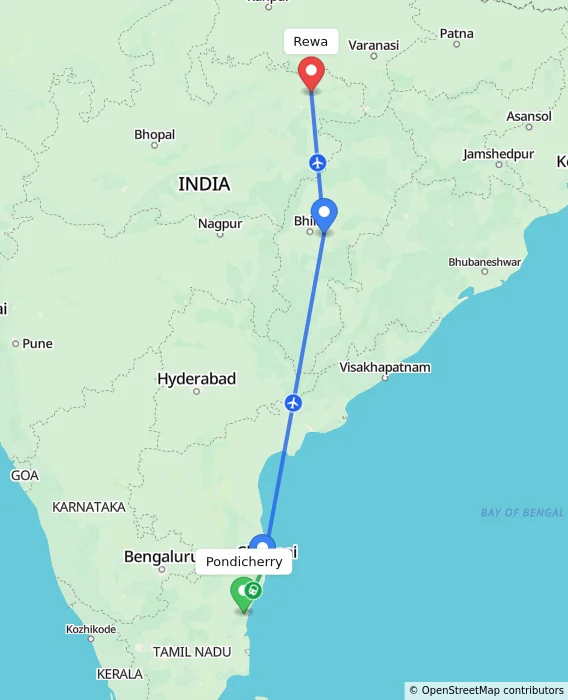 Route map showing distance and travel time from Puducherry, India to Rewa, India