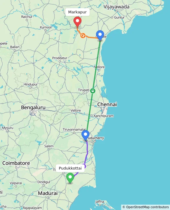 Route map showing distance and travel time from Pudukkottai, India to Markapur, India