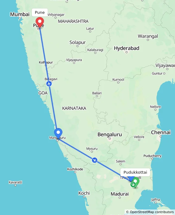 Route map showing distance and travel time from Pudukkottai, India to Pune, India