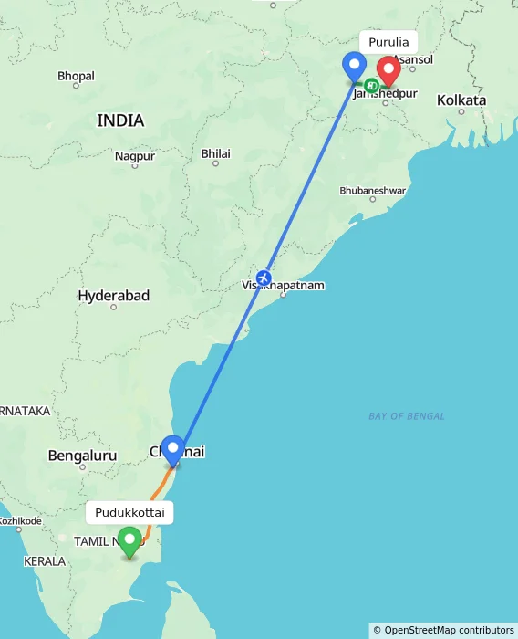 Route map showing distance and travel time from Pudukkottai, India to Purulia, India