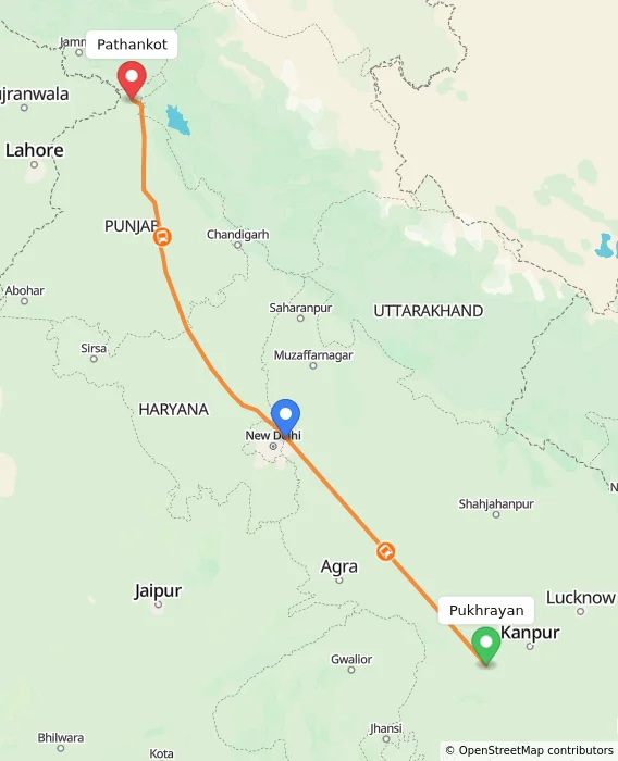 Route map showing distance and travel time from Pukhrayan, India to Pathankot, India
