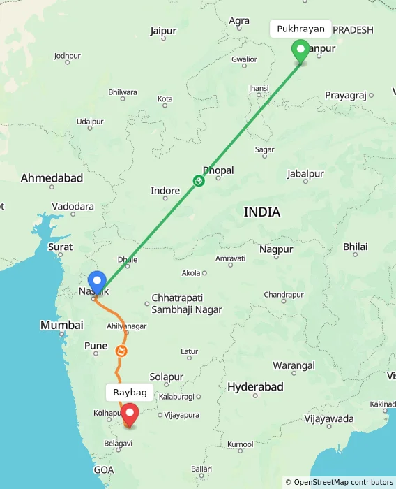 Route map showing distance and travel time from Pukhrayan, India to Raybag, India
