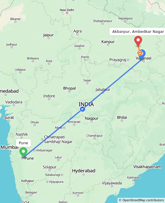 Route map showing distance and travel time from Pune, India to Akbarpur, Ambedkar Nagar, India