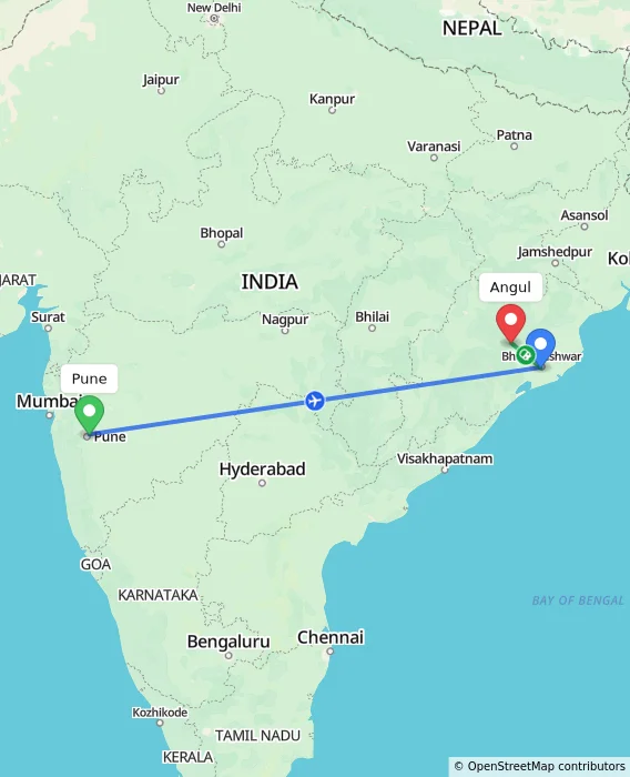 Route map showing distance and travel time from Pune, India to Angul, India