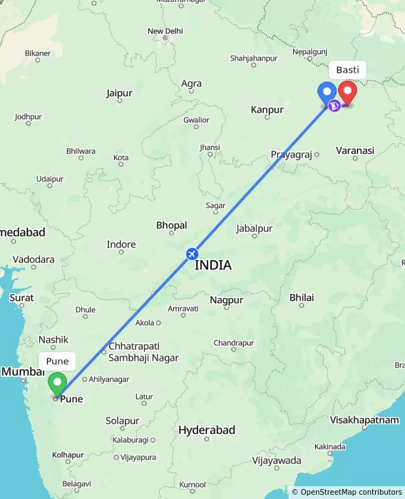 Route map showing distance and travel time from Pune, India to Basti, India