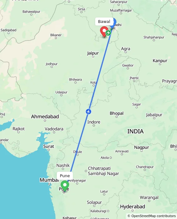 Route map showing distance and travel time from Pune, India to Bawal, India