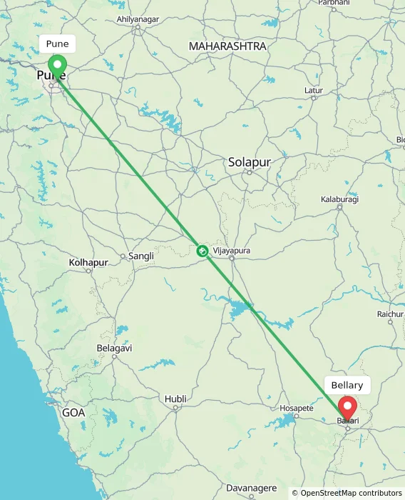 Route map showing distance and travel time from Pune, India to Bellary, India