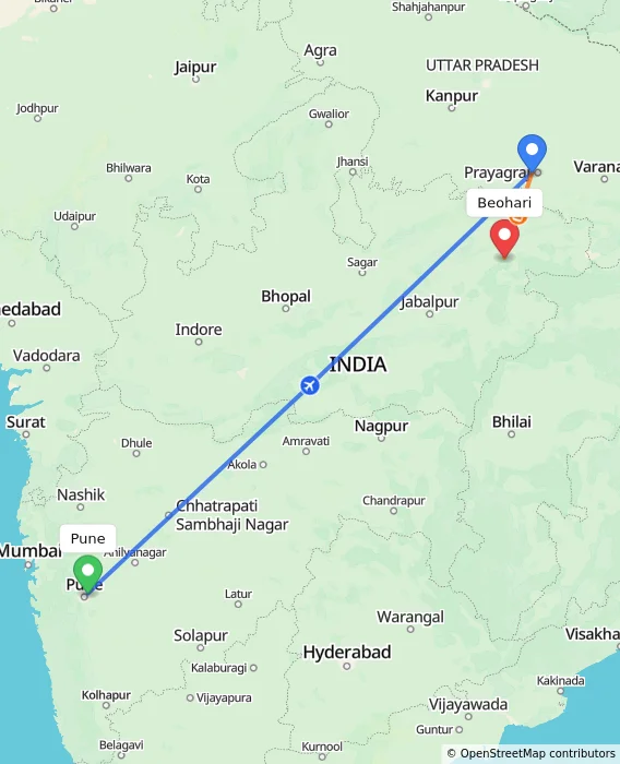 Route map showing distance and travel time from Pune, India to Beohari, India