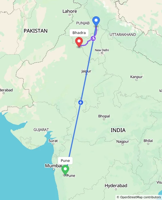 Route map showing distance and travel time from Pune, India to Bhadra, India