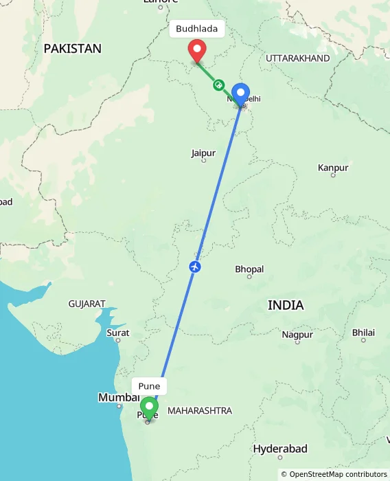 Route map showing distance and travel time from Pune, India to Budhlada, India