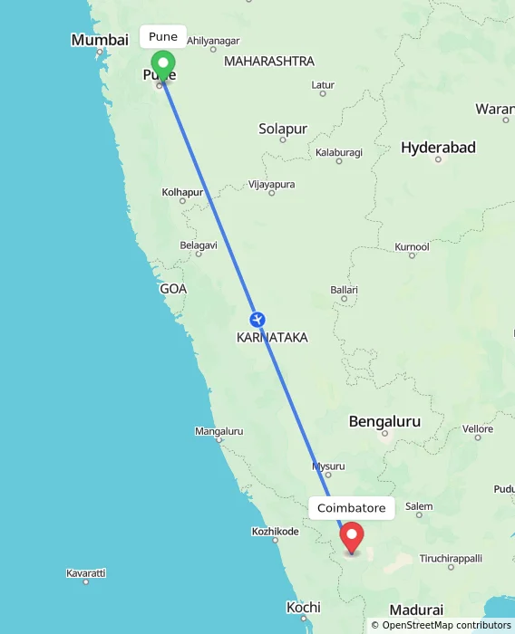 Route map showing distance and travel time from Pune, India to Coimbatore, India