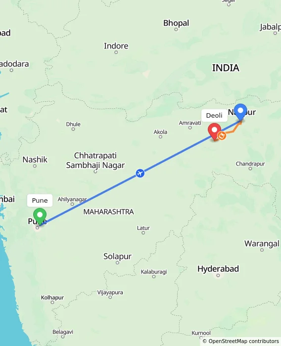 Route map showing distance and travel time from Pune, India to Deoli, India