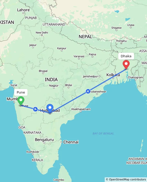 Route map showing distance and travel time from Pune, India to Dhaka, Bangladesh