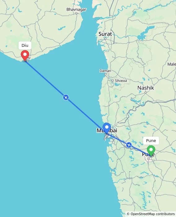 Route map showing distance and travel time from Pune, India to Diu, India