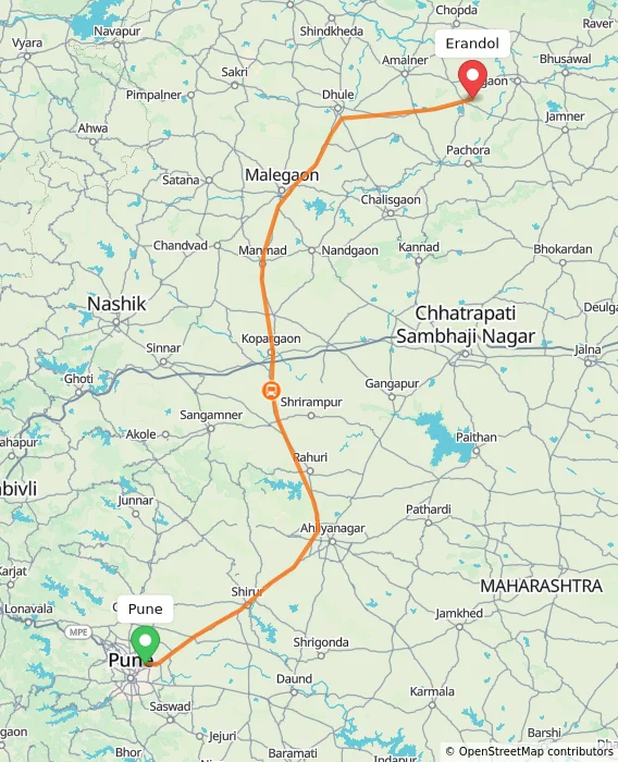 Route map showing distance and travel time from Pune, India to Erandol, India