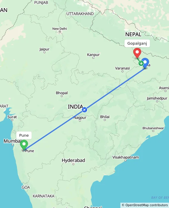 Route map showing distance and travel time from Pune, India to Gopalganj, India