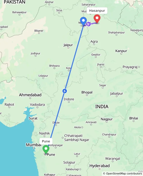 Route map showing distance and travel time from Pune, India to Hasanpur, India