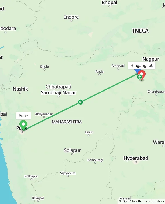 Route map showing distance and travel time from Pune, India to Hinganghat, India