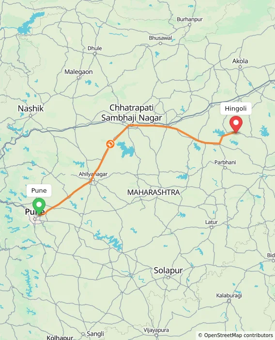 Route map showing distance and travel time from Pune, India to Hingoli, India