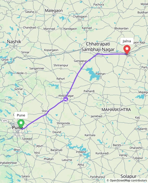 Route map showing distance and travel time from Pune, India to Jalna, India