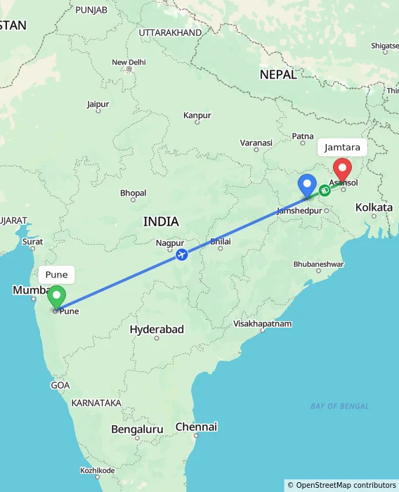 Route map showing distance and travel time from Pune, India to Jamtara, India